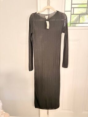 NWT A New Day Black Long-Sleeve Sheer Lined Ribbed Knit Midi Dress
